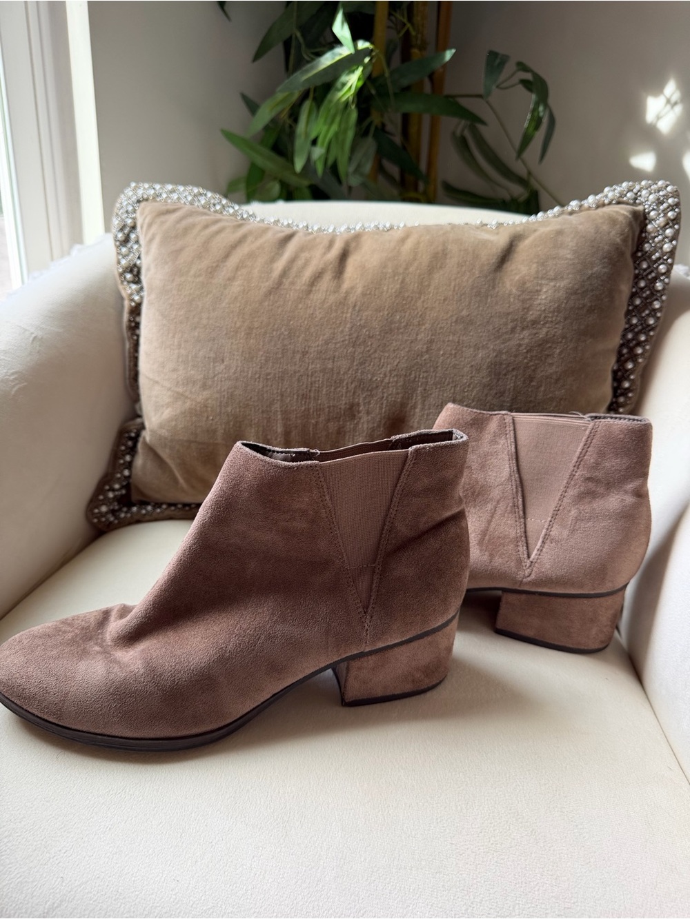 Women's Suede Ankle Booties in Taupe - Casual Block Heel